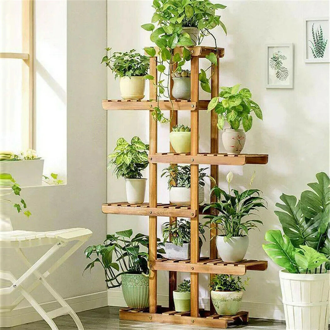 6 Tier Wooden Plant Stand made with Carbonized Wood, Pot Rack, Plant Display Bench, Patio and Garden
