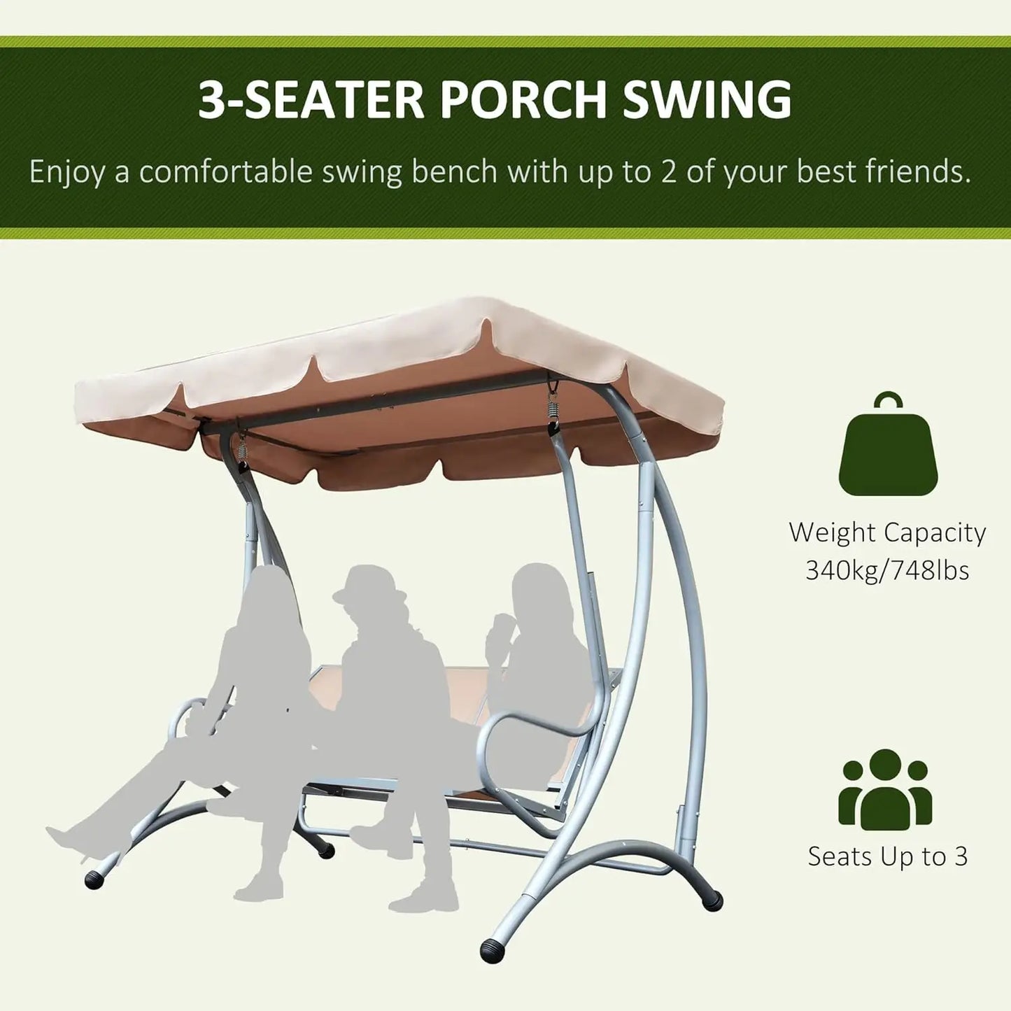 3-Seat Outdoor Porch Swing Chair