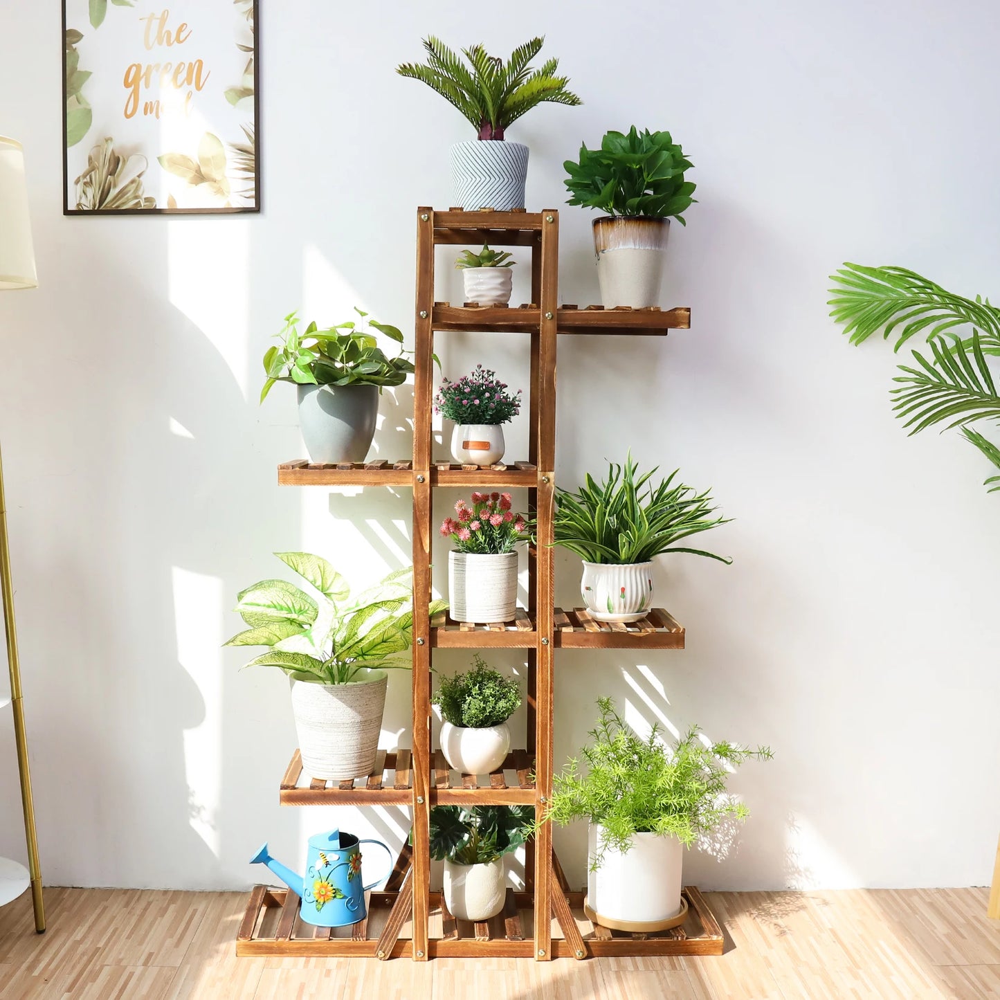6 Tier Wooden Plant Stand made with Carbonized Wood, Pot Rack, Plant Display Bench, Patio and Garden