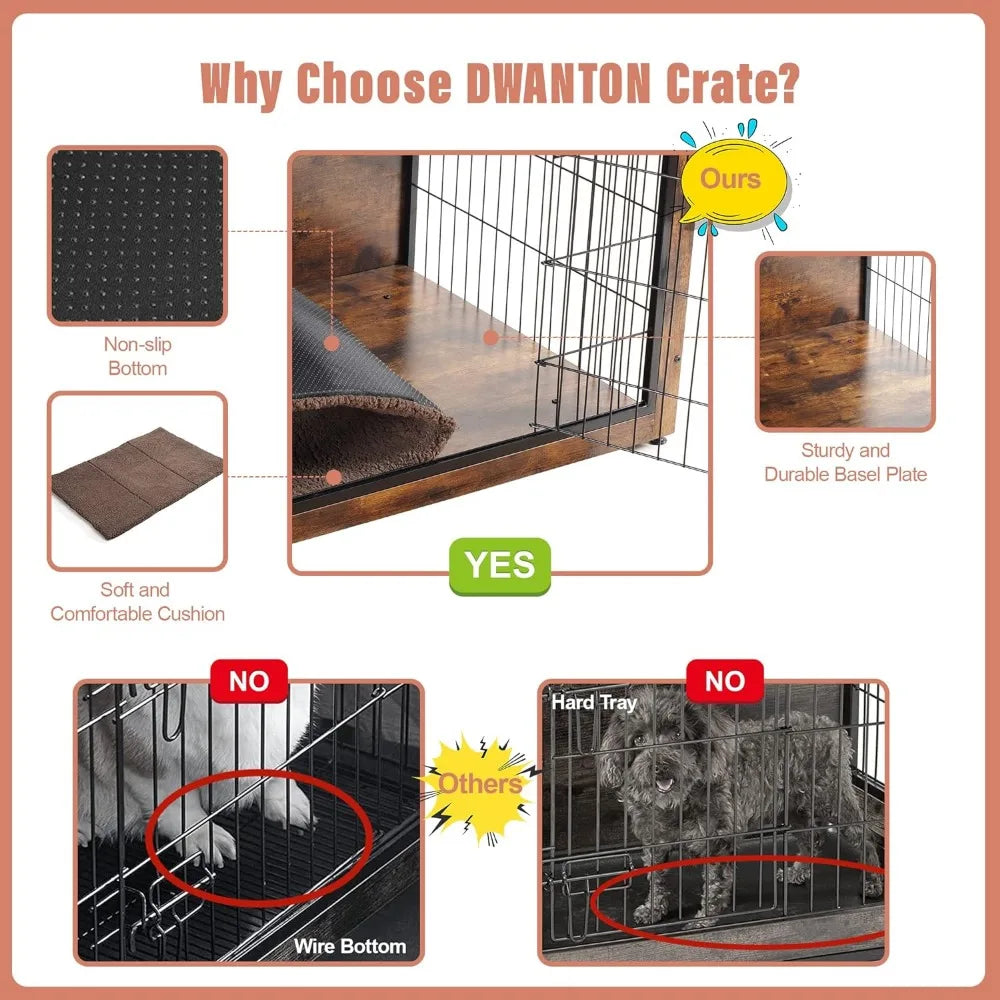 Dog Crate with Cushion, Wooden with Double Doors, Furniture, Indoor Kennel for Small/Medium Breeds