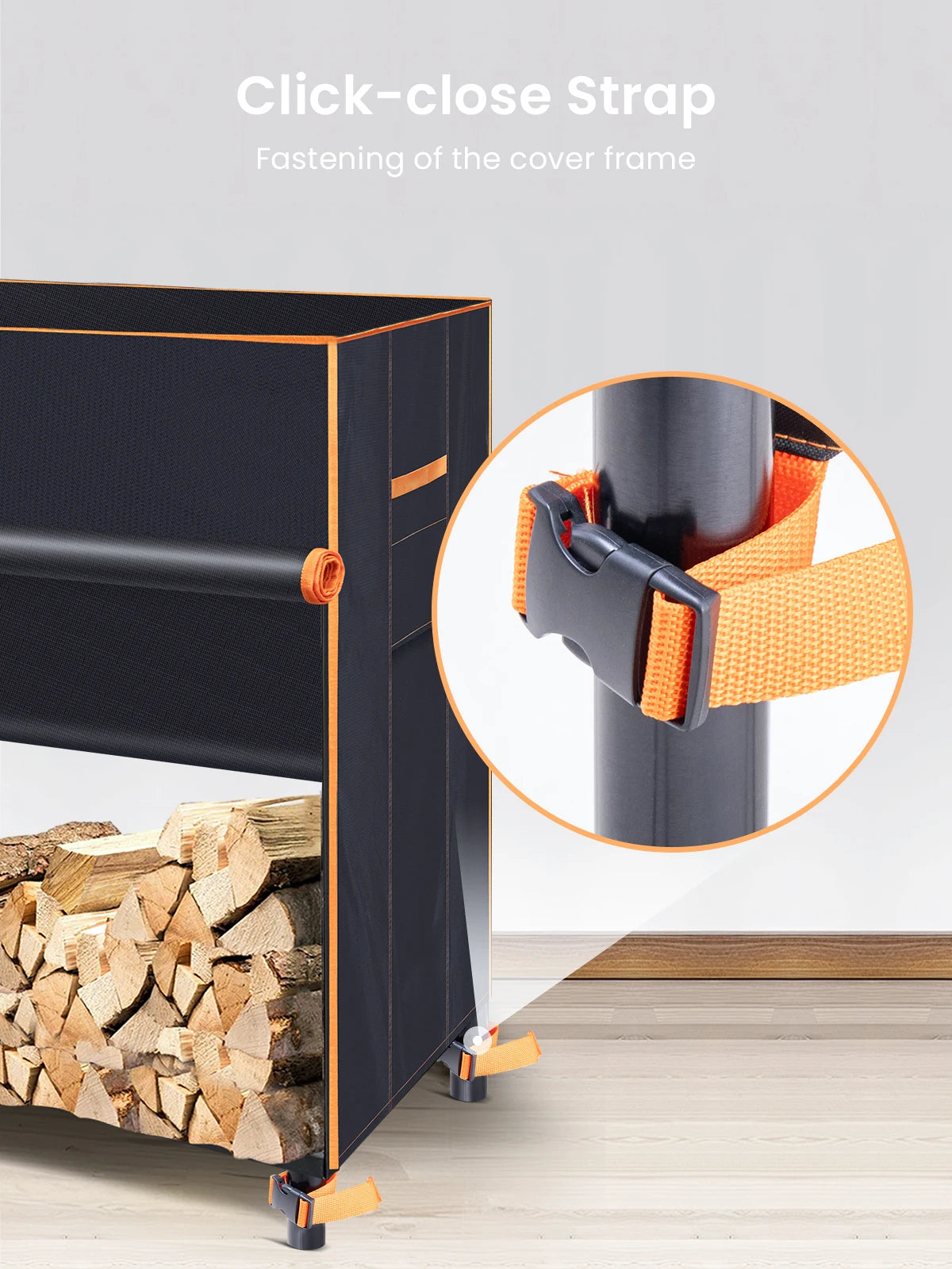 4ft Outdoor Firewood Log Rack, Double Sided Waterproof, Weather Protection, 4 Nylon Buckles