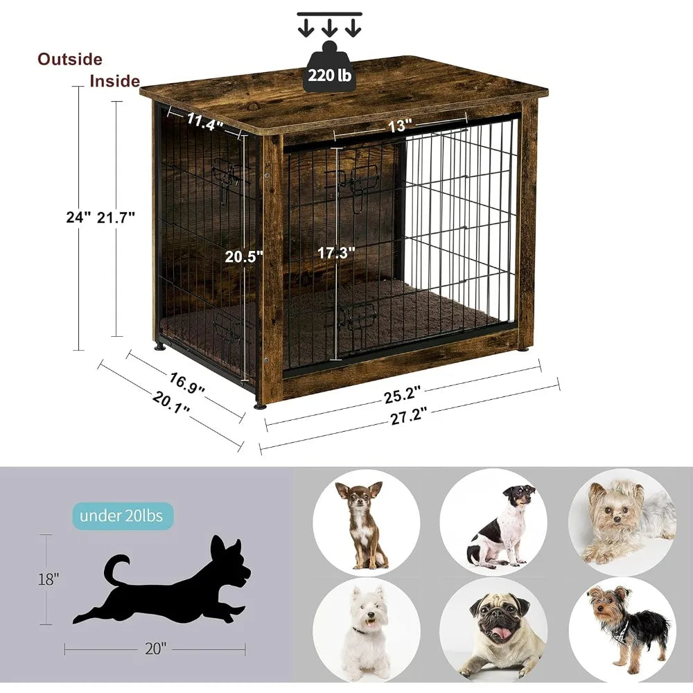 Dog Crate with Cushion, Wooden with Double Doors, Furniture, Indoor Kennel for Small/Medium Breeds