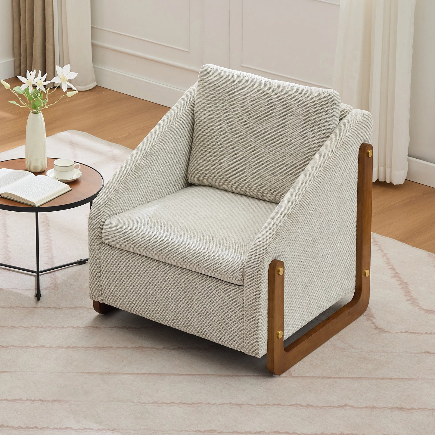 Fabric Modern Upholstered Armchair with Wooden Side Frame