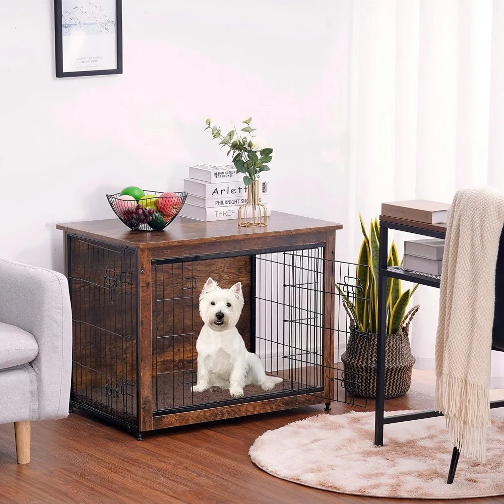 Dog Crate with Cushion, Wooden with Double Doors, Furniture, Indoor Kennel for Small/Medium Breeds