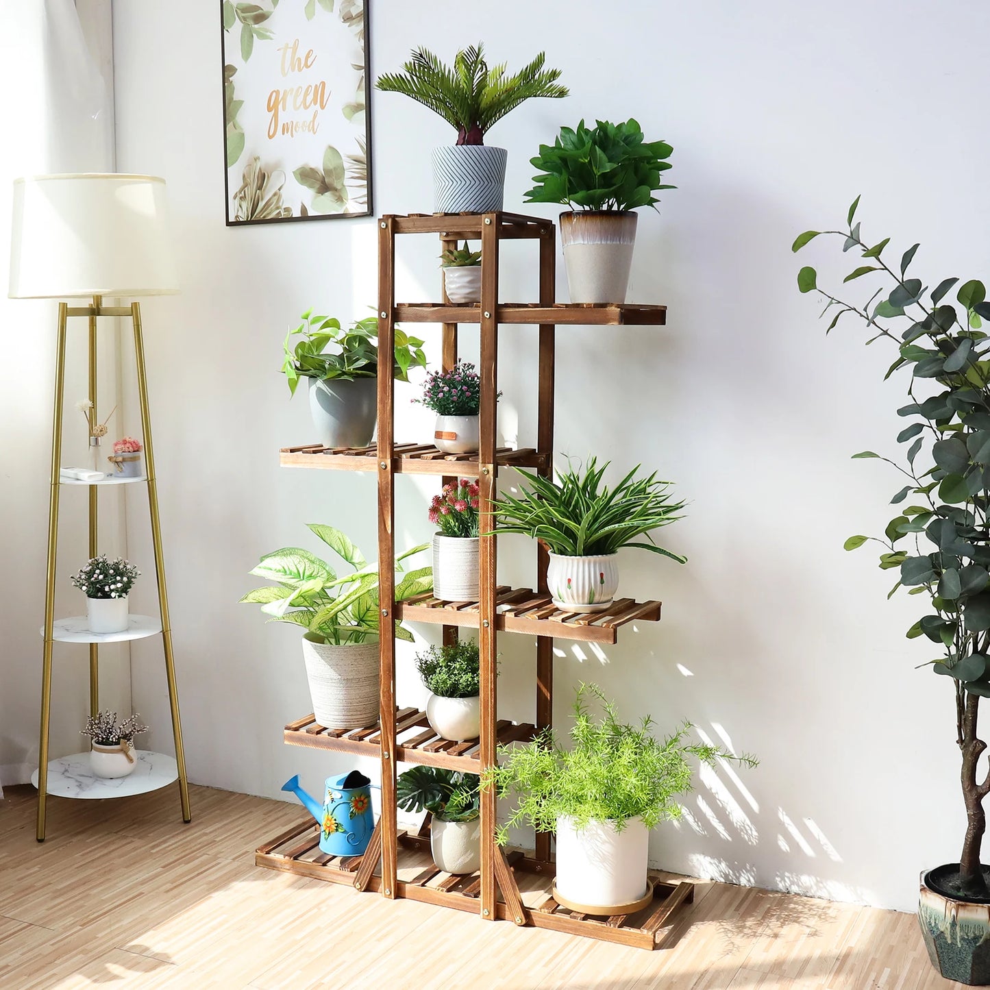 6 Tier Wooden Plant Stand made with Carbonized Wood, Pot Rack, Plant Display Bench, Patio and Garden