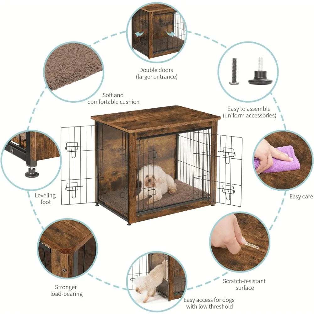 Dog Crate with Cushion, Wooden with Double Doors, Furniture, Indoor Kennel for Small/Medium Breeds