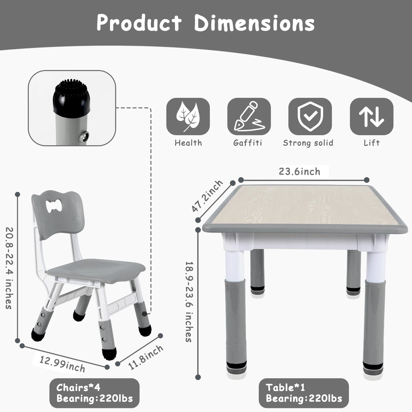 47.2‘’ Kids Table and 4 Chairs Set, Height Adjustable, Ages 2-10, Multi-Activity Art Table