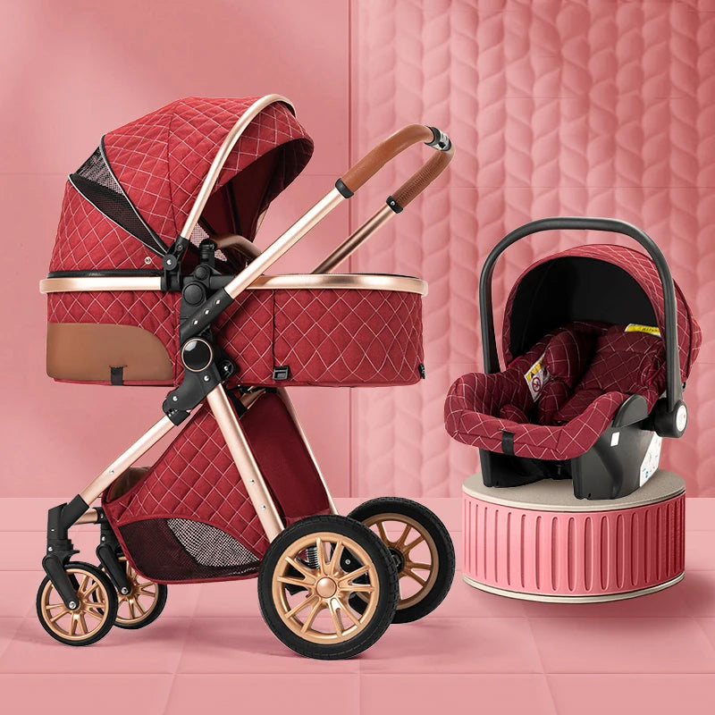 Luxury Baby Stroller 3 in 1, Can Sit, Portable Pushchair