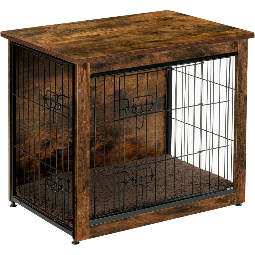 Dog Crate with Cushion, Wooden with Double Doors, Furniture, Indoor Kennel for Small/Medium Breeds