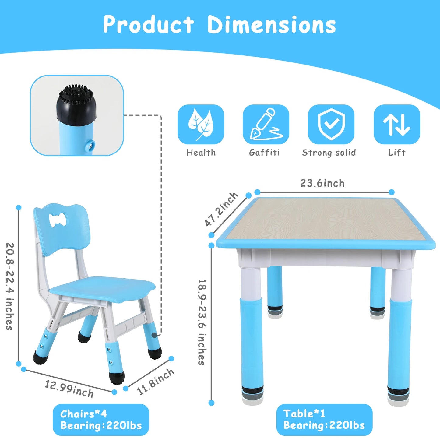 47.2‘’ Kids Table and 4 Chairs Set, Height Adjustable, Ages 2-10, Multi-Activity Art Table