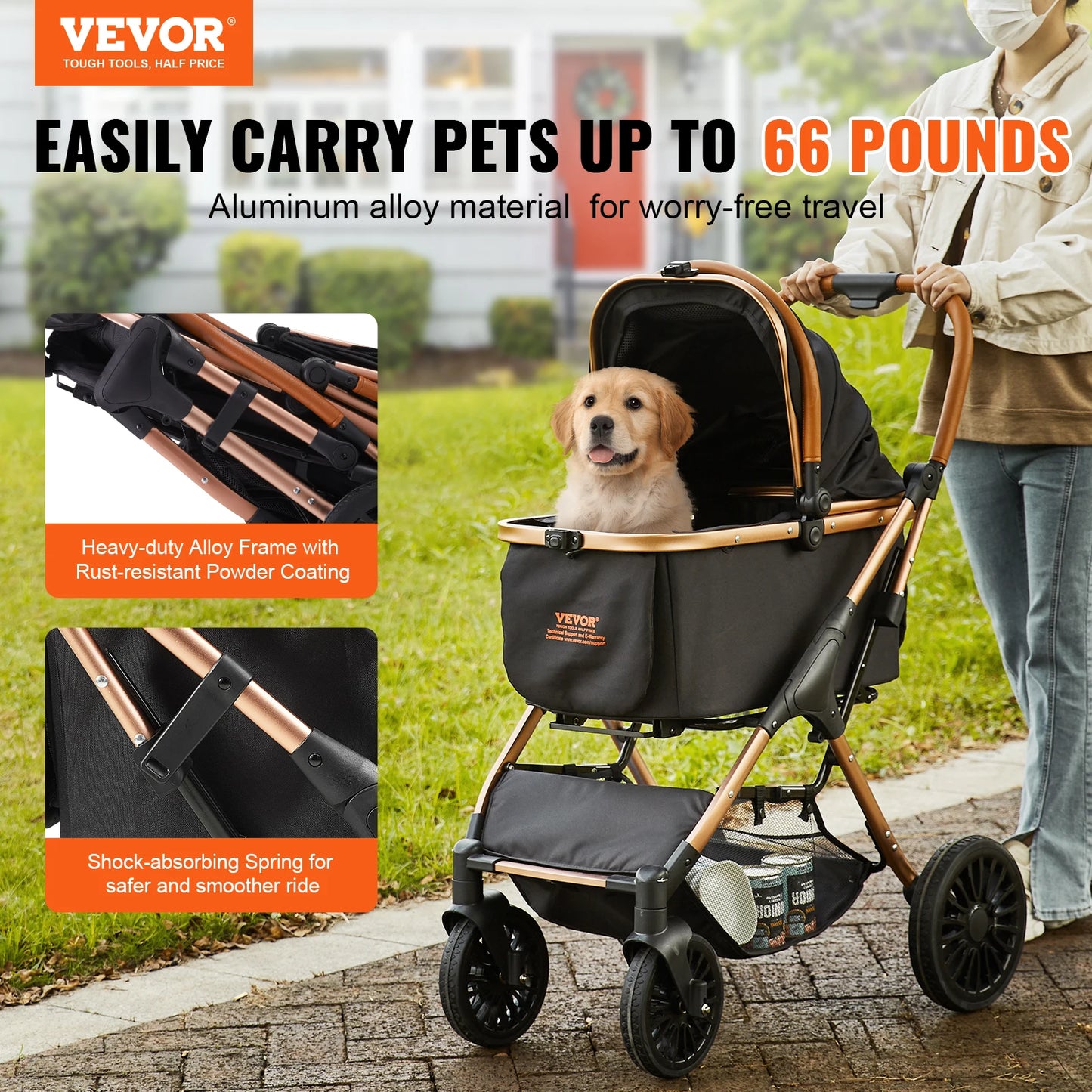 Foldable Pet Stroller with Brakes and Storage Basket