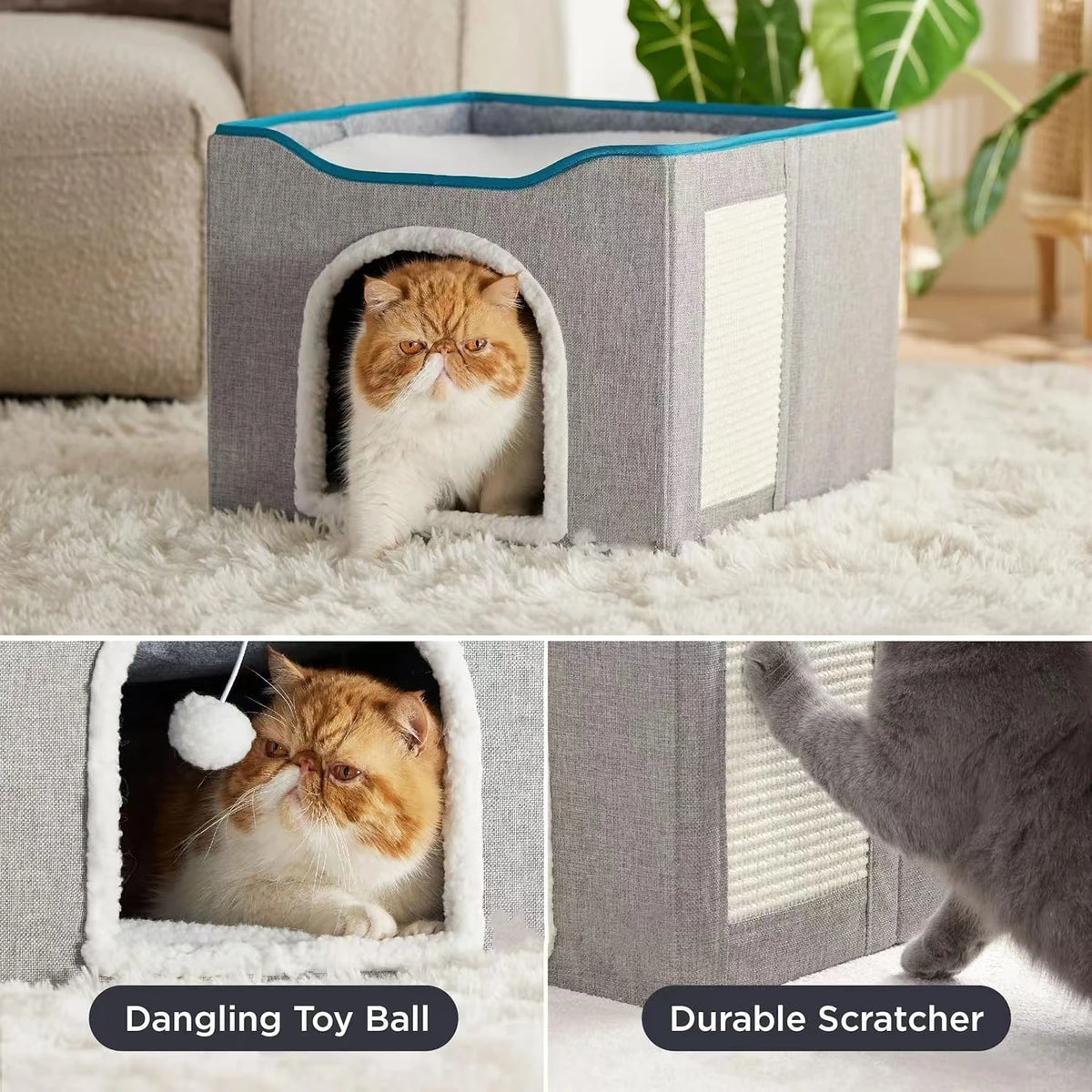 Large Cat Cave With Hanging Ball Toy and Scratch Pad