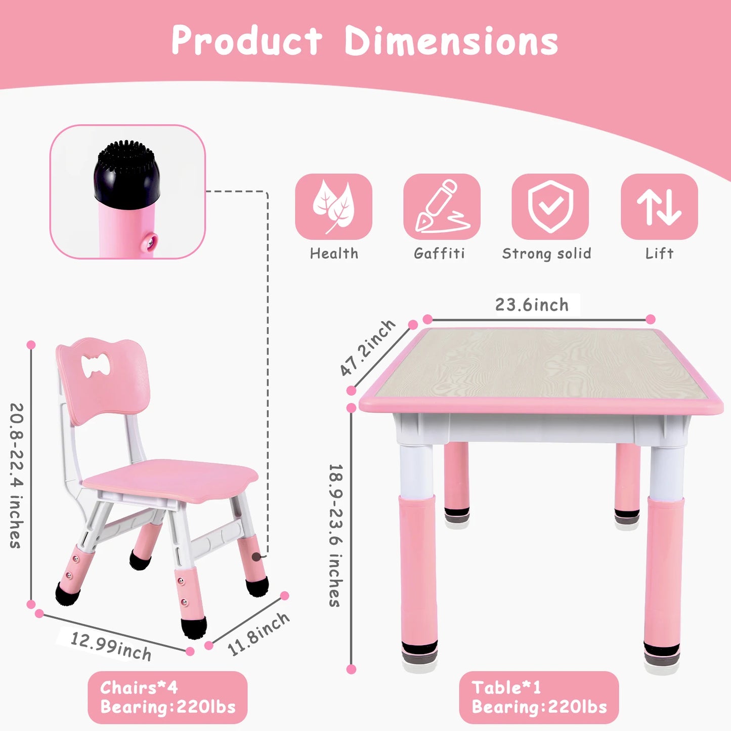 47.2‘’ Kids Table and 4 Chairs Set, Height Adjustable, Ages 2-10, Multi-Activity Art Table