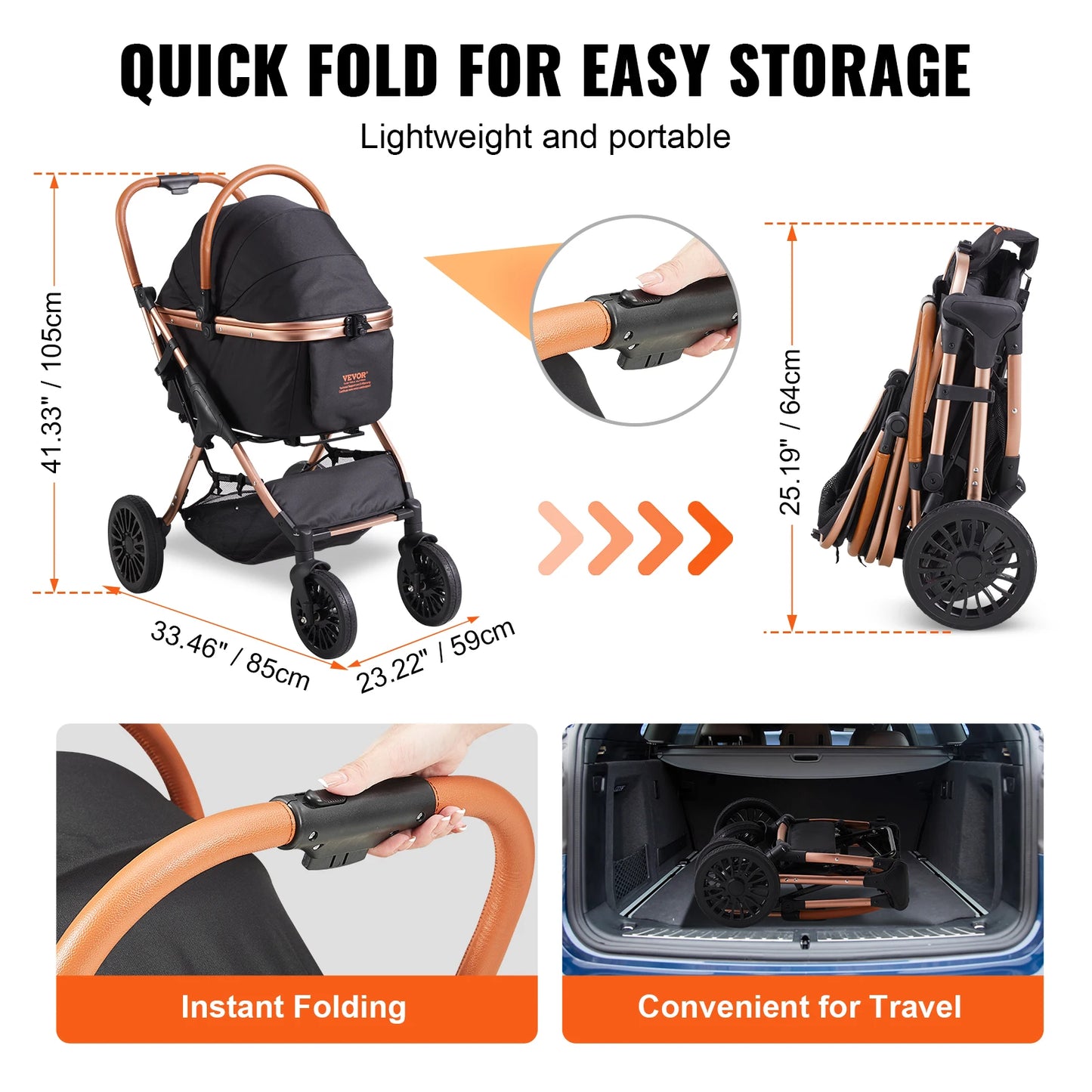 Foldable Pet Stroller with Brakes and Storage Basket