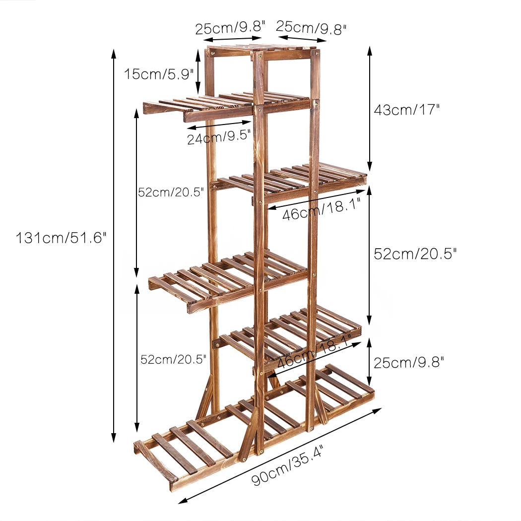 6 Tier Wooden Plant Stand made with Carbonized Wood, Pot Rack, Plant Display Bench, Patio and Garden