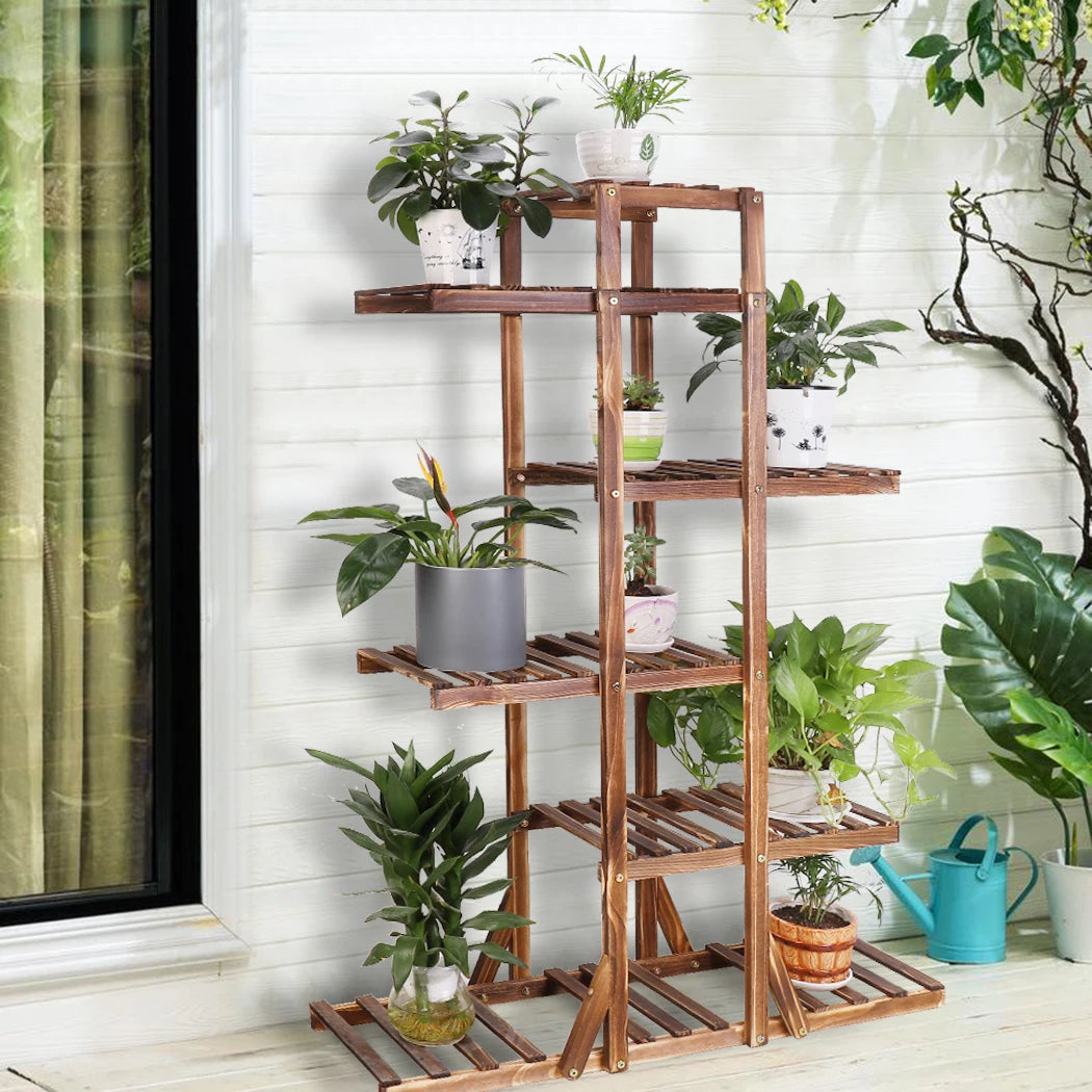 6 Tier Wooden Plant Stand made with Carbonized Wood, Pot Rack, Plant Display Bench, Patio and Garden