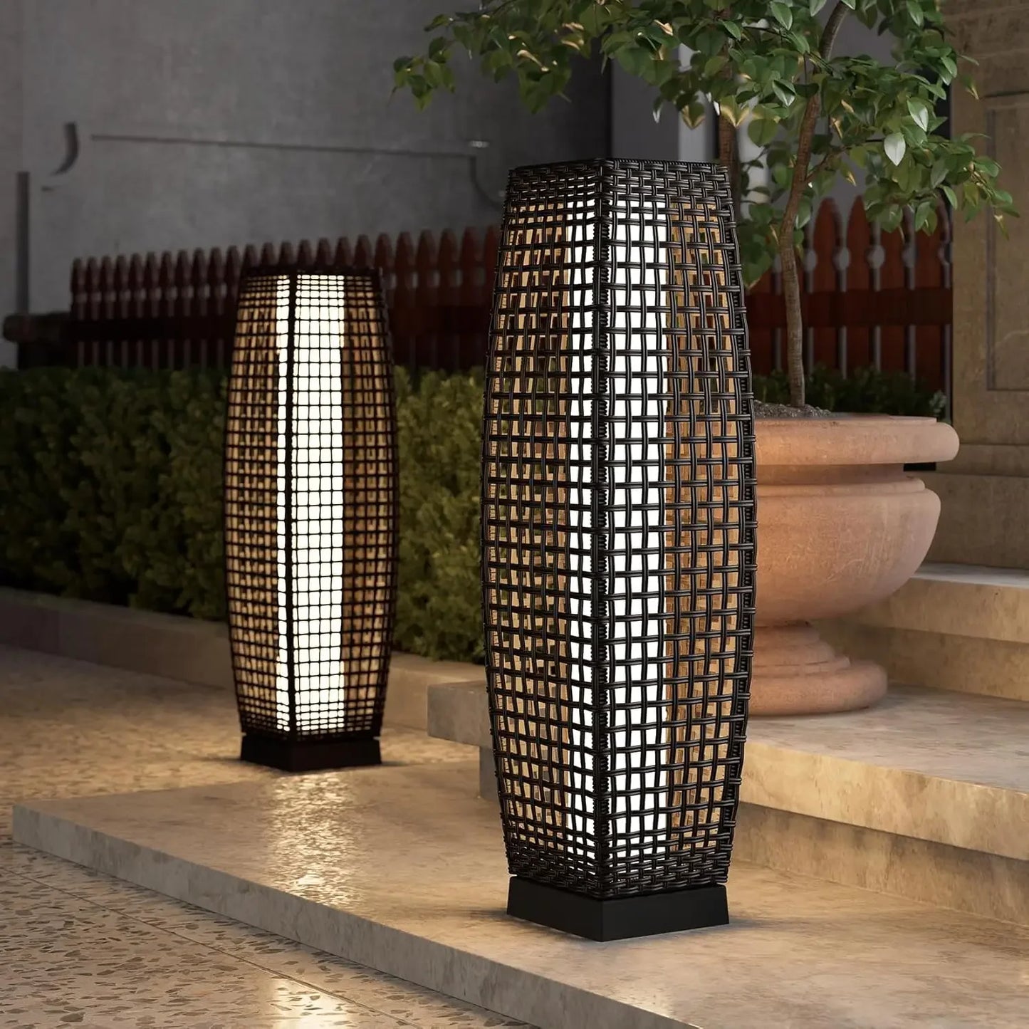 Outdoor Solar-Powered, Woven Wicker Lantern
