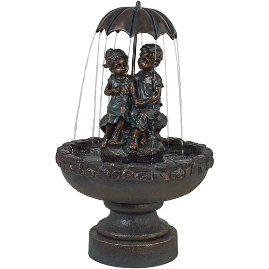Boy and Girl Under Umbrella 40" High Large Rustic Fountain