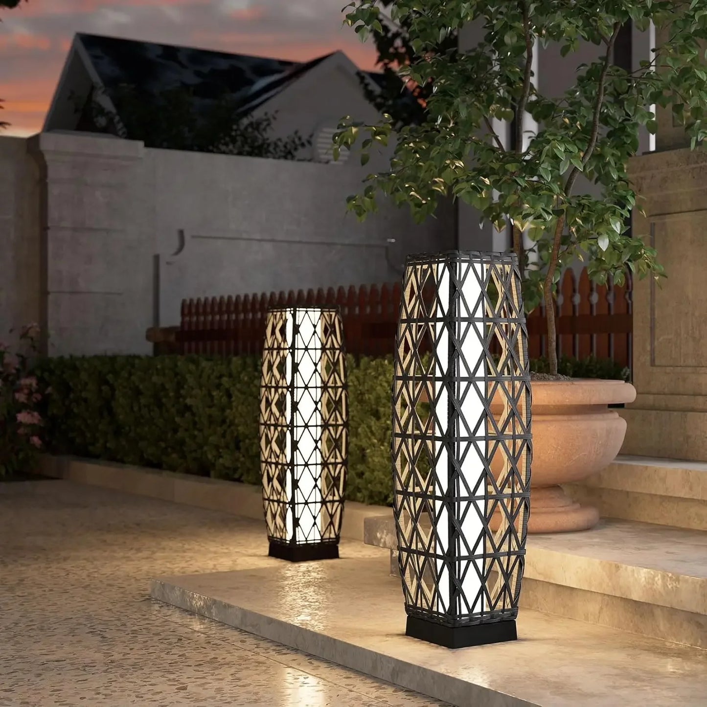 Outdoor Solar-Powered, Woven Wicker Lantern