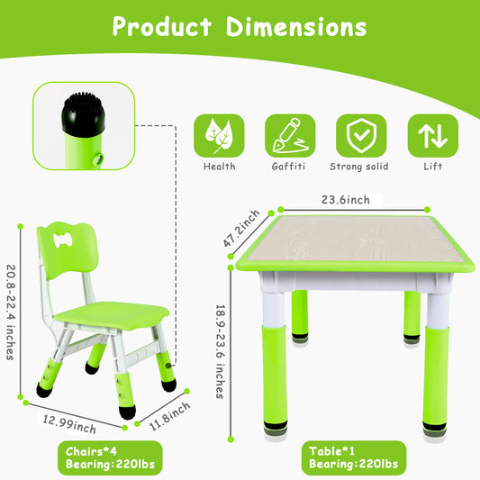 47.2‘’ Kids Table and 4 Chairs Set, Height Adjustable, Ages 2-10, Multi-Activity Art Table