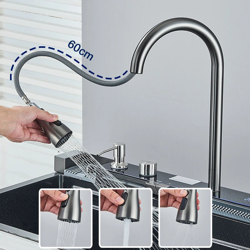 Stainless Steel Kitchen Sink with Digital Display Waterfall Faucet