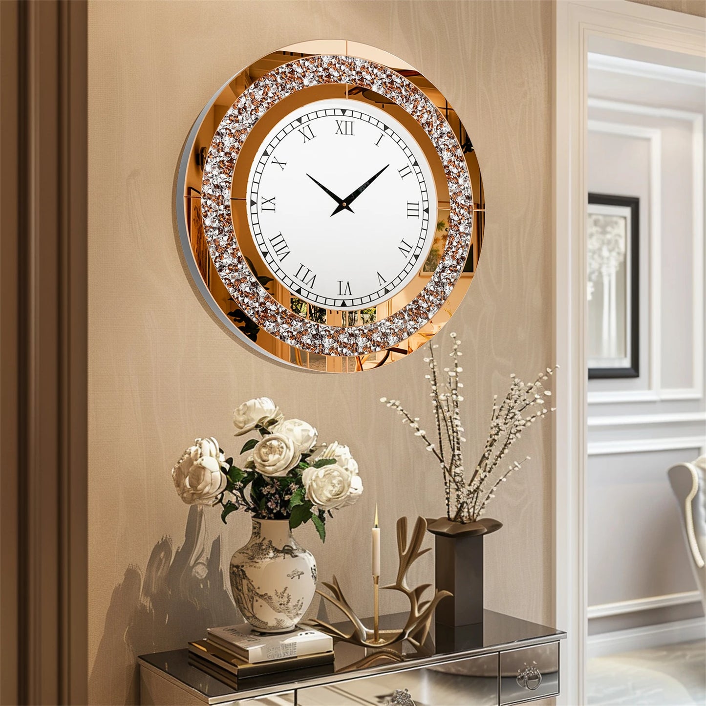 60/80CM Bling Silver Round Mirror Clock