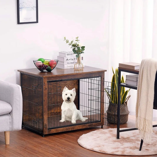 Dog Crate with Cushion, Wooden with Double Doors, Furniture, Indoor Kennel for Small/Medium Breeds