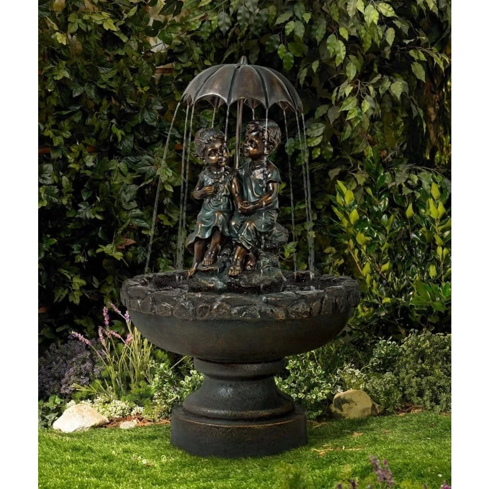 Boy and Girl Under Umbrella 40" High Large Rustic Fountain