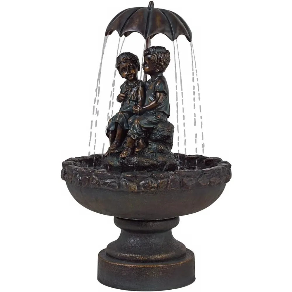 Boy and Girl Under Umbrella 40" High Large Rustic Fountain