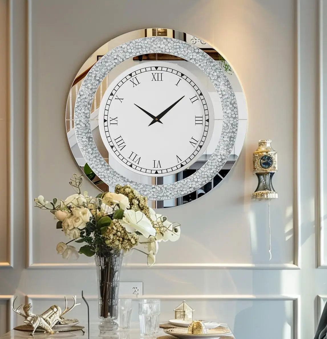 60/80CM Bling Silver Round Mirror Clock