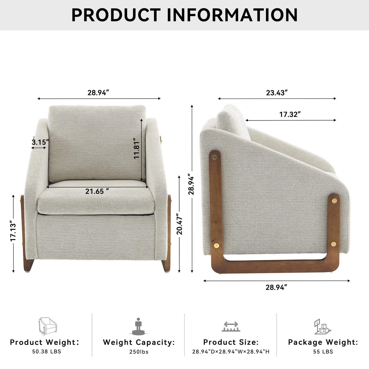 Fabric Modern Upholstered Armchair with Wooden Side Frame