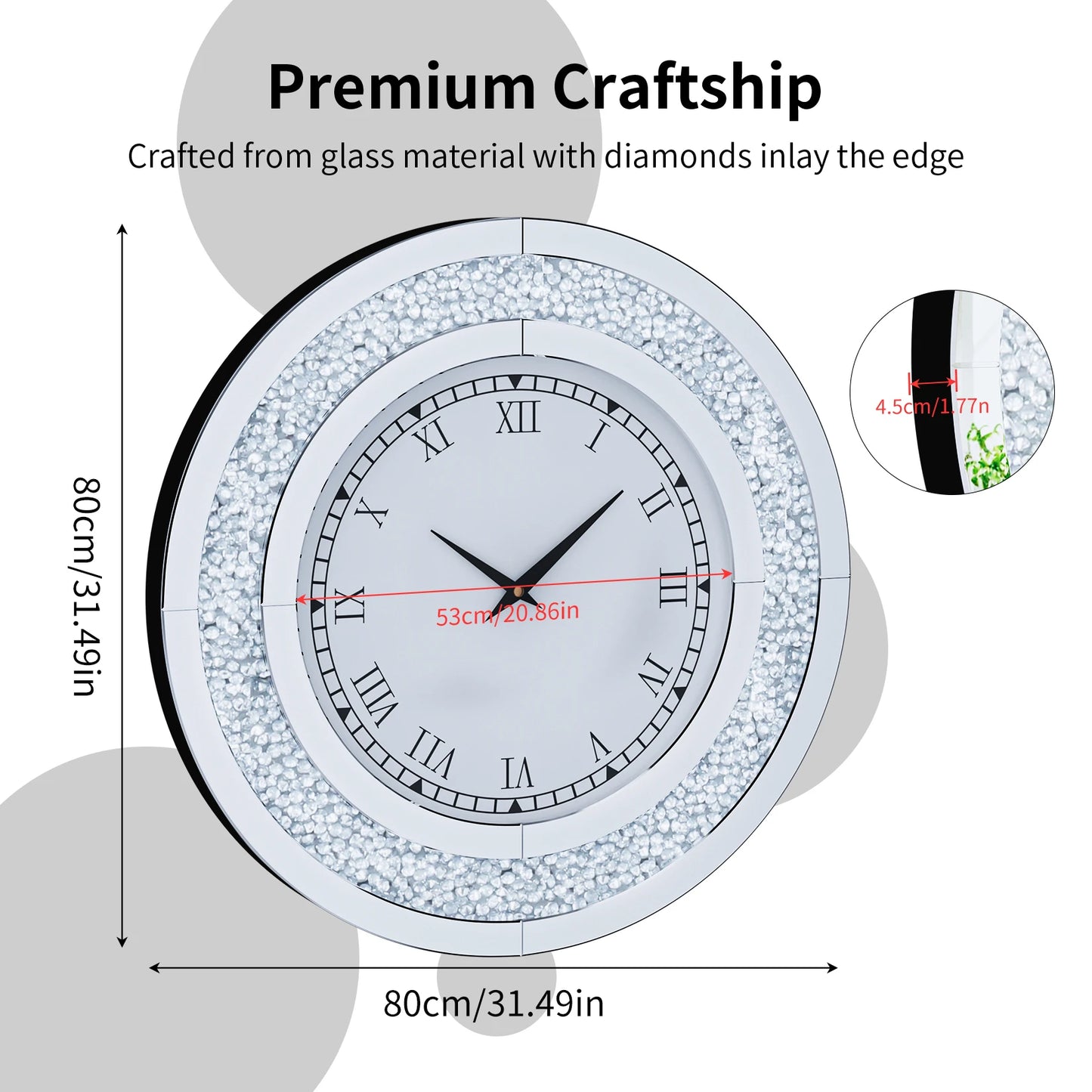 60/80CM Bling Silver Round Mirror Clock