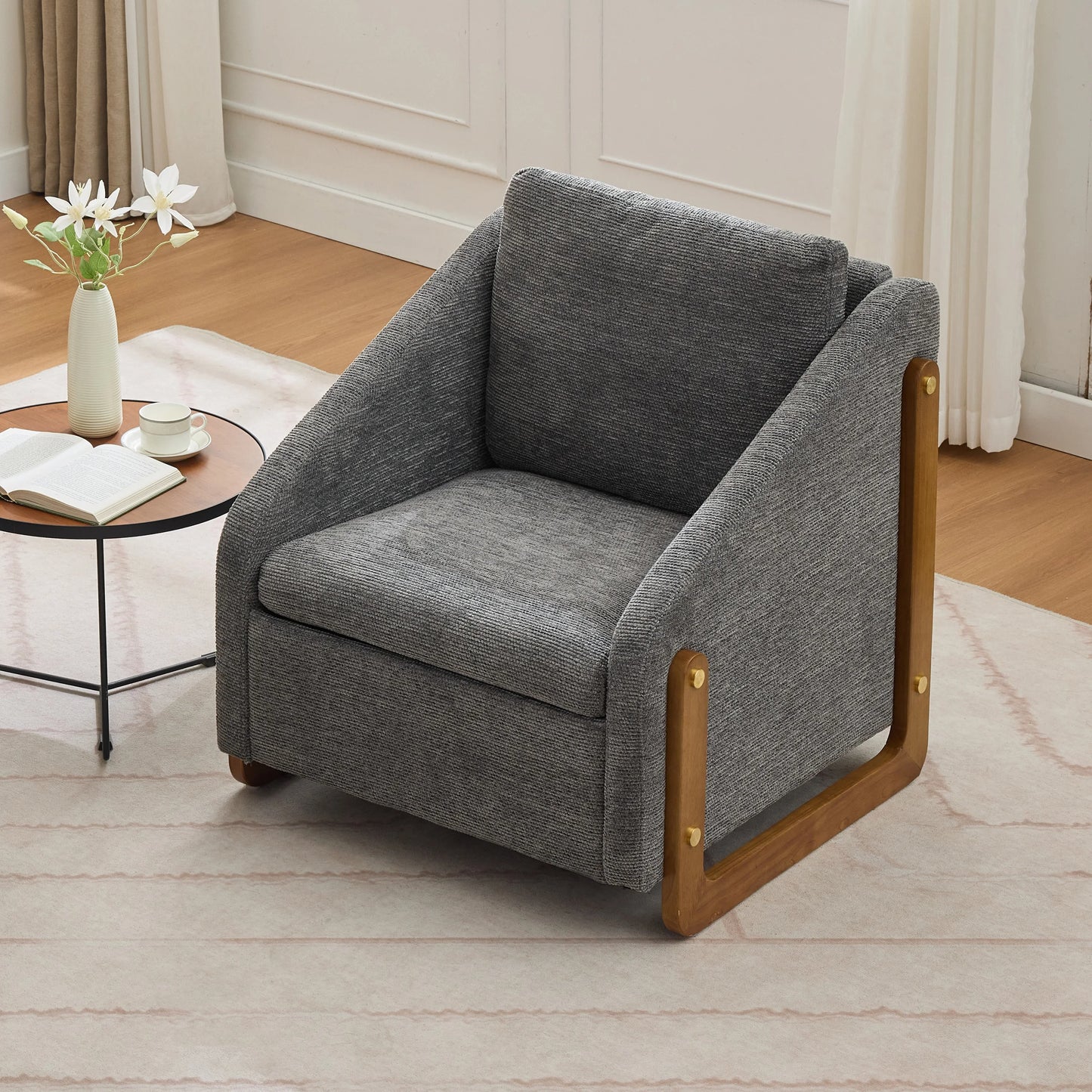 Fabric Modern Upholstered Armchair with Wooden Side Frame