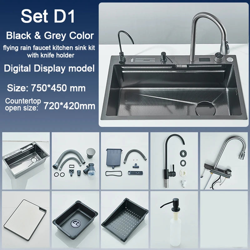 Stainless Steel Kitchen Sink with Digital Display Waterfall Faucet