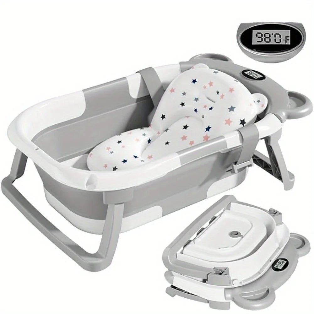 Folding Baby Bath Tub with Temperature Gauge and Cushion