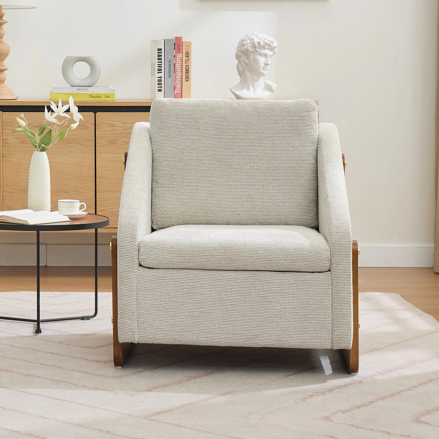 Fabric Modern Upholstered Armchair with Wooden Side Frame