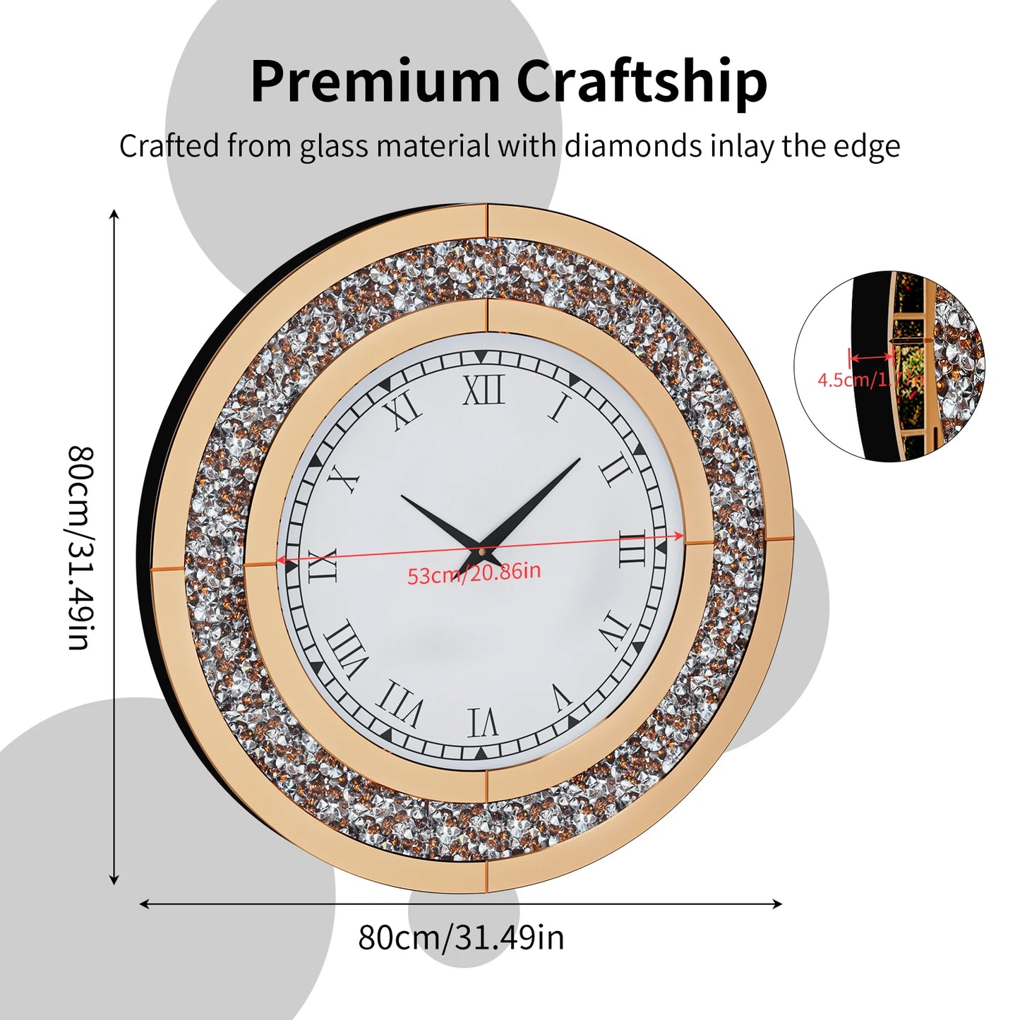 60/80CM Bling Silver Round Mirror Clock