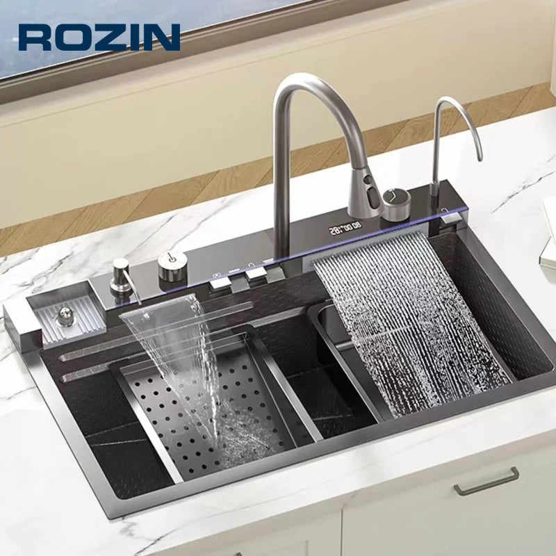 Stainless Steel Kitchen Sink with Digital Display Waterfall Faucet
