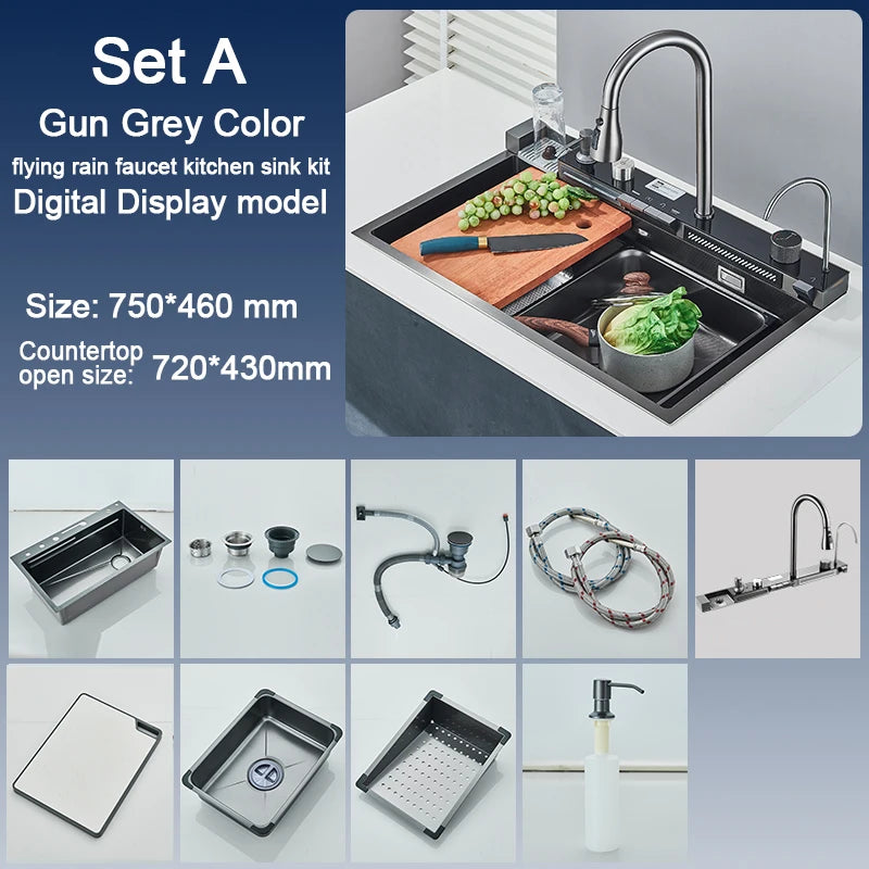 Stainless Steel Kitchen Sink with Digital Display Waterfall Faucet