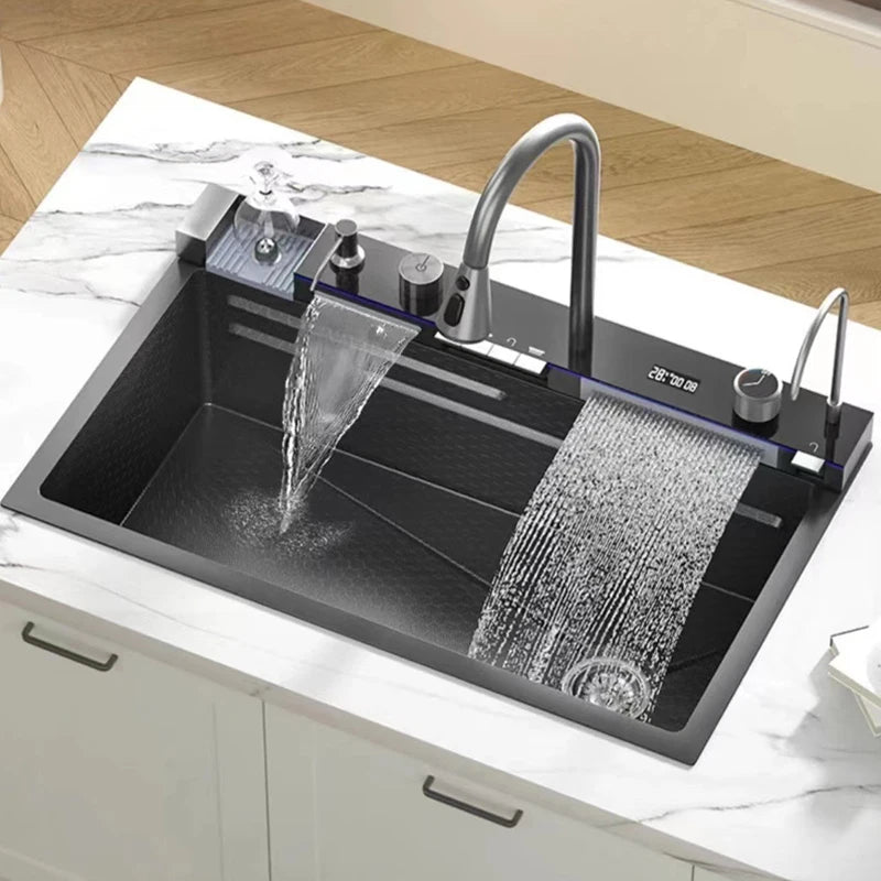 Stainless Steel Kitchen Sink with Digital Display Waterfall Faucet