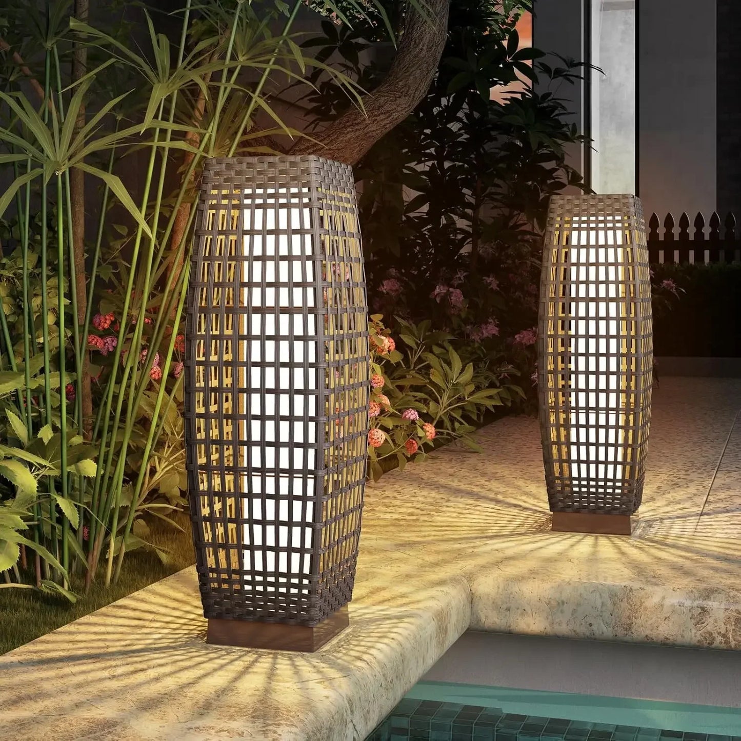 Outdoor Solar-Powered, Woven Wicker Lantern