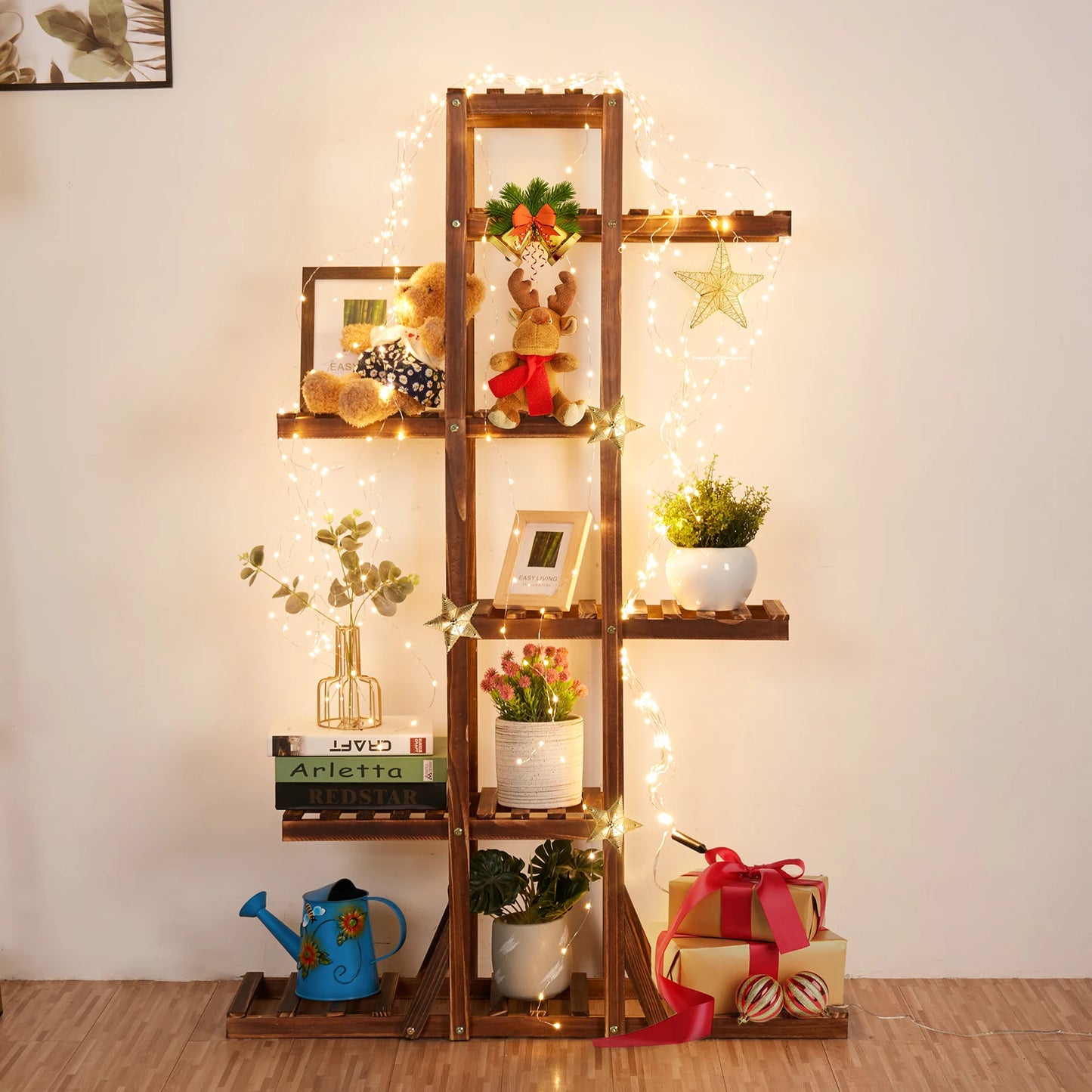 6 Tier Wooden Plant Stand made with Carbonized Wood, Pot Rack, Plant Display Bench, Patio and Garden