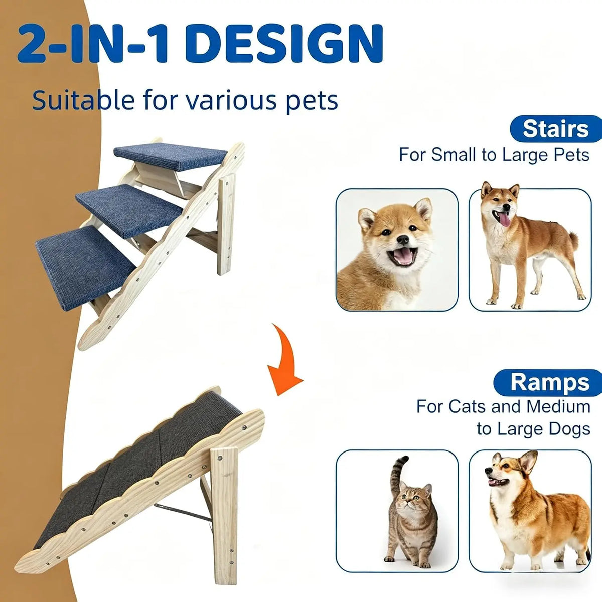 2 in 1, 3-Step, Wooden Dog Stairs
