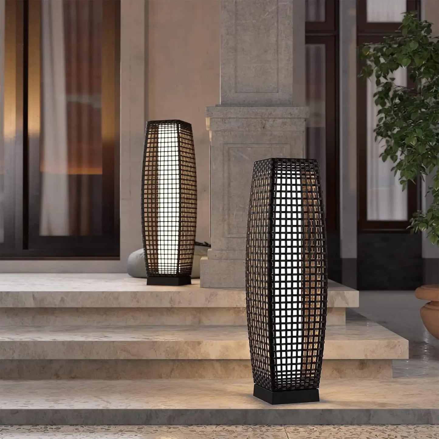 Outdoor Solar-Powered, Woven Wicker Lantern