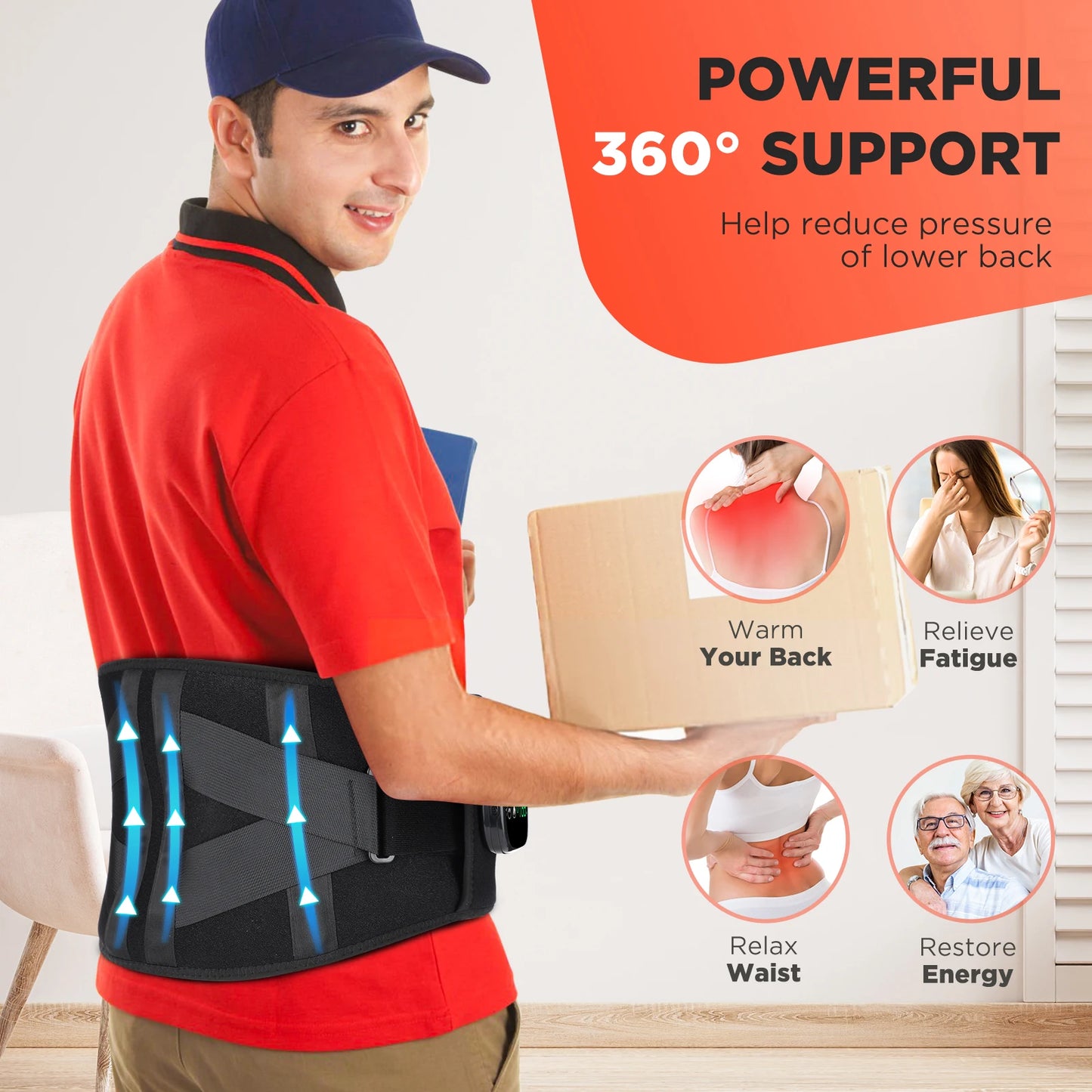 Lumbar Support Massager Belt with Heating, and Vibration Settings