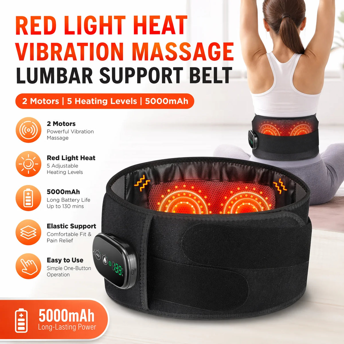 Lumbar Support Massager Belt with Heating, and Vibration Settings