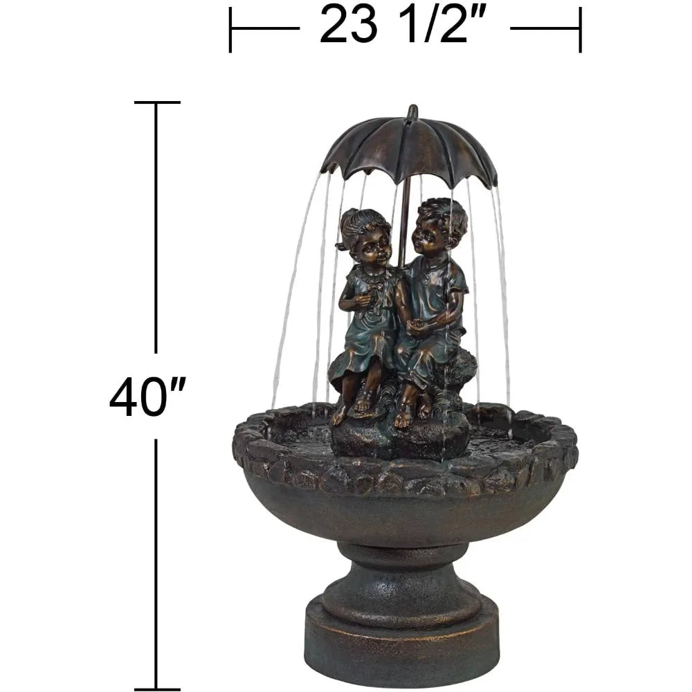 Boy and Girl Under Umbrella 40" High Large Rustic Fountain