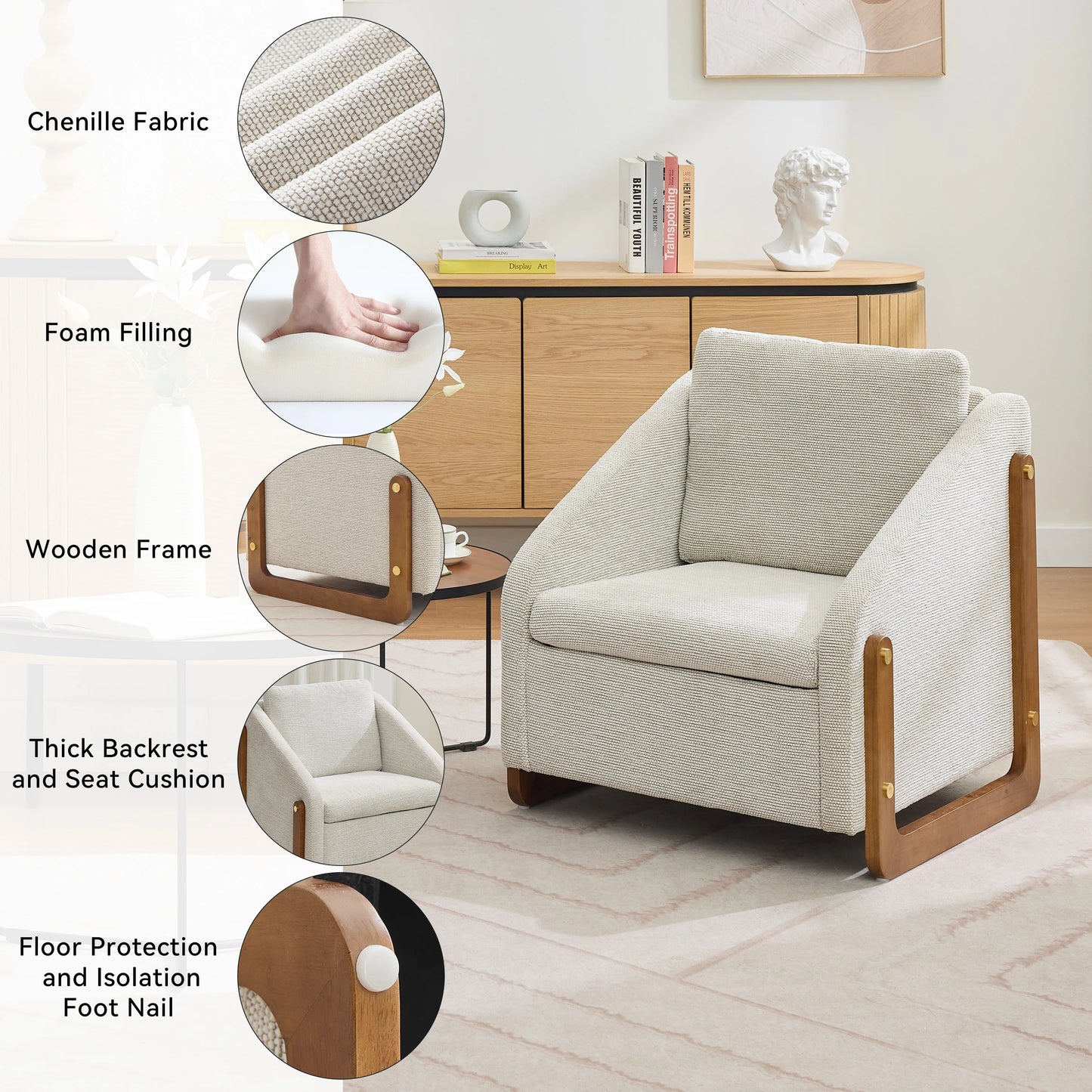Fabric Modern Upholstered Armchair with Wooden Side Frame