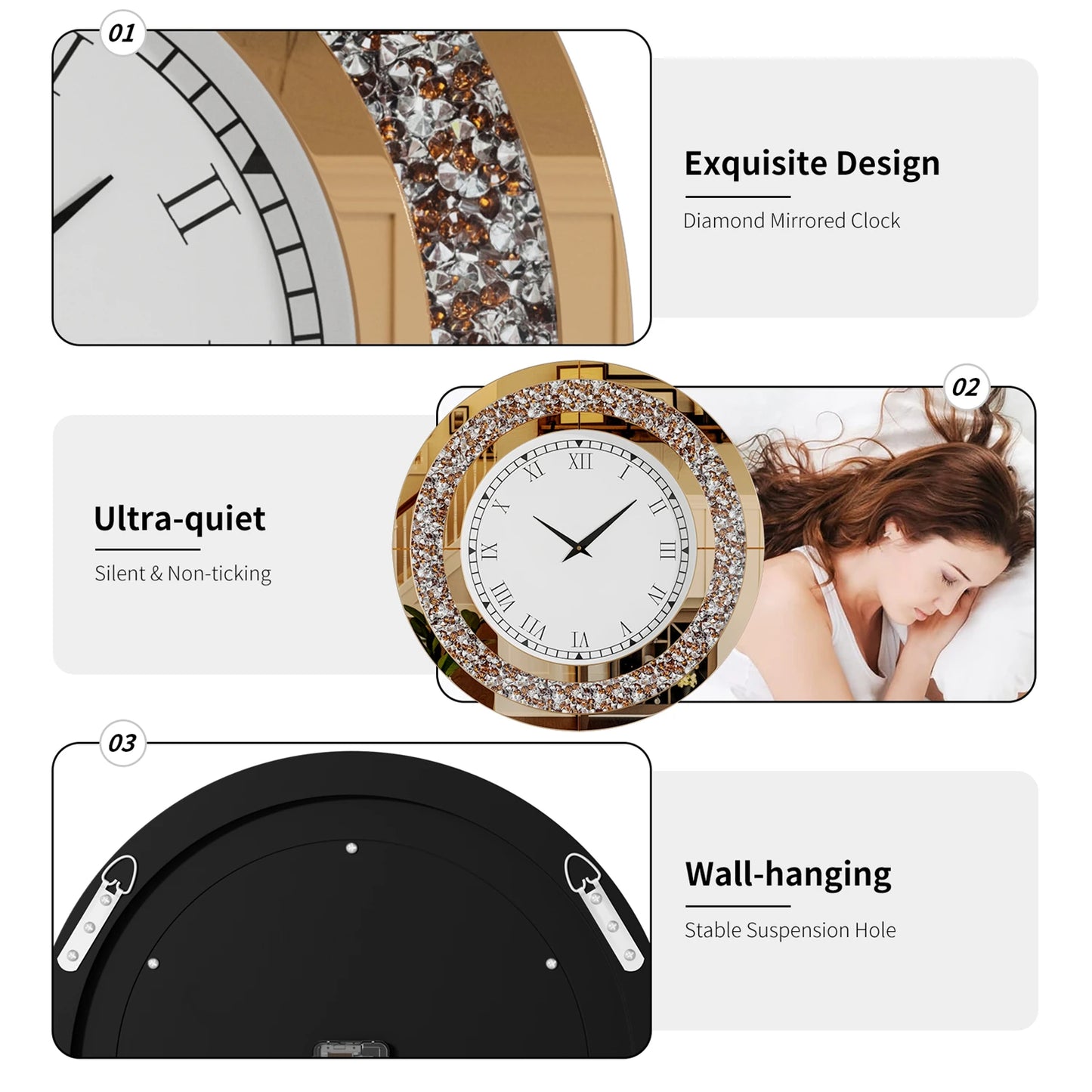 60/80CM Bling Silver Round Mirror Clock