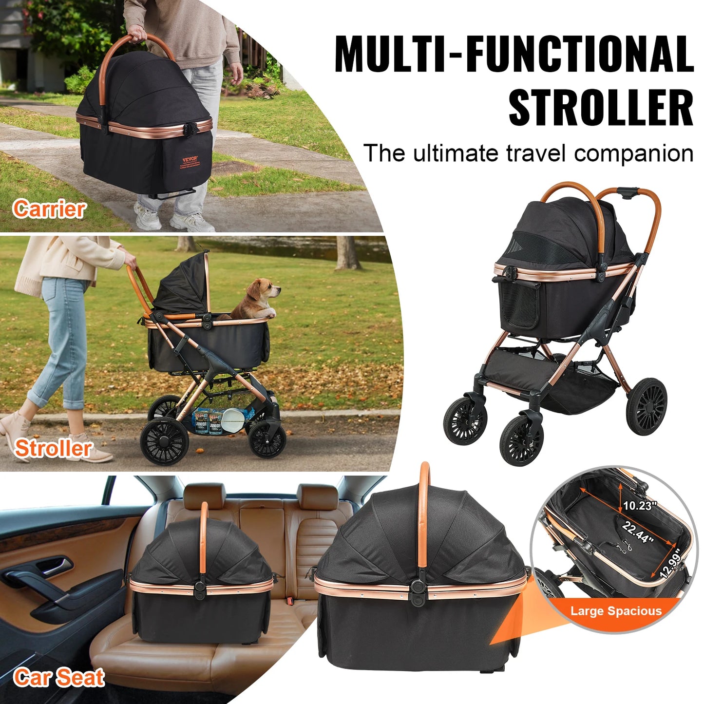 Foldable Pet Stroller with Brakes and Storage Basket